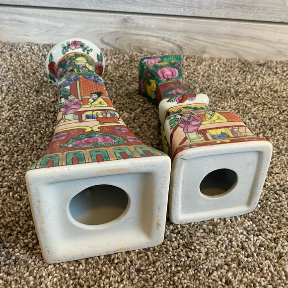 Vintage Pair of Famille Rose Candlestick/Candle Holders with Gold and Red Accent - Picture 7 of 7